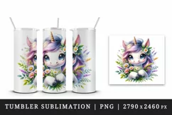 Watercolor cute baby unicorn big sparkling eyes holding bouquet of flowers print tumbler skinny mug wrap clipart t-shirt sublimation printable design