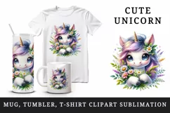 Watercolor cute baby unicorn big sparkling eyes holding bouquet of flowers print tumbler skinny mug wrap clipart t-shirt sublimation printable design