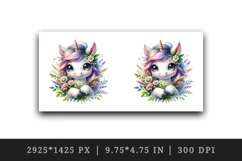 Watercolor cute baby unicorn big sparkling eyes holding bouquet of flowers print tumbler skinny mug wrap clipart t-shirt sublimation printable design