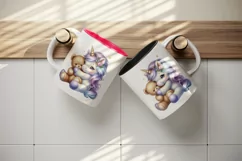 Watercolor cute baby unicorn fluffy mane cuddling soft bear love print 20 oz tumbler skinny mug wrap clipart t-shirt sublimation printable design