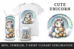 Watercolor cute baby unicorn fluffy mane cuddling soft bear love print 20 oz tumbler skinny mug wrap clipart t-shirt sublimation printable design