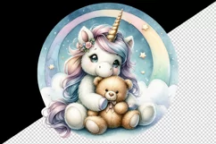 Watercolor cute baby unicorn fluffy mane cuddling soft bear love print 20 oz tumbler skinny mug wrap clipart t-shirt sublimation printable design