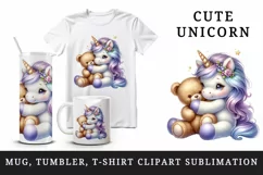 Watercolor cute baby unicorn fluffy mane cuddling soft bear love print 20 oz tumbler skinny mug wrap clipart t-shirt sublimation printable design
