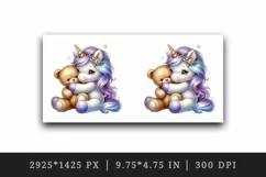 Watercolor cute baby unicorn fluffy mane cuddling soft bear love print 20 oz tumbler skinny mug wrap clipart t-shirt sublimation printable design