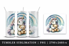 Watercolor cute baby unicorn fluffy mane cuddling soft bear love print 20 oz tumbler skinny mug wrap clipart t-shirt sublimation printable design