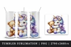 Watercolor cute baby unicorn fluffy mane cuddling soft bear love print 20 oz tumbler skinny mug wrap clipart t-shirt sublimation printable design