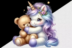 Watercolor cute baby unicorn fluffy mane cuddling soft bear love print 20 oz tumbler skinny mug wrap clipart t-shirt sublimation printable design