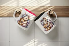 Watercolor cute baby unicorn fluffy mane cuddling with soft bear love print 20 oz tumbler skinny mug wrap clipart t-shirt sublimation printable design