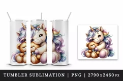 Watercolor cute baby unicorn fluffy mane cuddling with soft bear love print 20 oz tumbler skinny mug wrap clipart t-shirt sublimation printable design