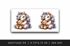 Watercolor cute baby unicorn fluffy mane cuddling with soft bear love print 20 oz tumbler skinny mug wrap clipart t-shirt sublimation printable design