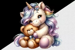Watercolor cute baby unicorn fluffy mane cuddling with soft bear love print 20 oz tumbler skinny mug wrap clipart t-shirt sublimation printable design