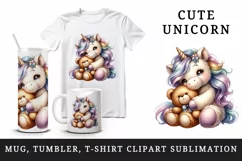 Watercolor cute baby unicorn fluffy mane cuddling with soft bear love print 20 oz tumbler skinny mug wrap clipart t-shirt sublimation printable design