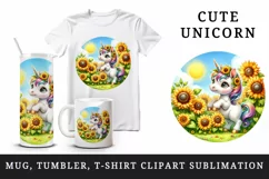 Watercolor cute baby unicorn garden of sunflowers circular format print 20 oz tumbler skinny mug wrap clipart t-shirt sublimation printable design