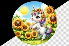 Watercolor cute baby unicorn garden of sunflowers circular format print 20 oz tumbler skinny mug wrap clipart t-shirt sublimation printable design
