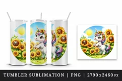 Watercolor cute baby unicorn garden of sunflowers circular format print 20 oz tumbler skinny mug wrap clipart t-shirt sublimation printable design