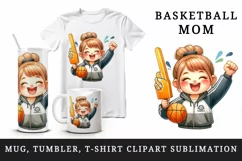 Watercolor cute basketball mom mother woman holding foam finger ball print 20 oz tumbler skinny mug wrap clipart t-shirt sublimation printable design