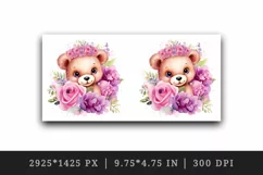 Watercolor cute bear girl floral pink flowers plush toy sparkle print 20 oz tumbler skinny mug wrap clipart t-shirt sublimation printable design