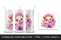 Watercolor cute bear girl floral pink flowers plush toy sparkle print 20 oz tumbler skinny mug wrap clipart t-shirt sublimation printable design