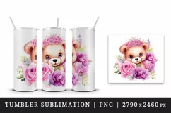 Watercolor cute bear girl floral pink flowers plush toy sparkle print 20 oz tumbler skinny mug wrap clipart t-shirt sublimation printable design