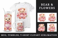 Watercolor cute bear girl floral pink flowers plush toy sparkle print 20 oz tumbler skinny mug wrap clipart t-shirt sublimation printable design