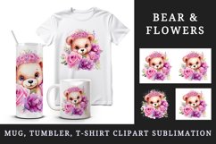 Watercolor cute bear girl floral pink flowers plush toy sparkle print 20 oz tumbler skinny mug wrap clipart t-shirt sublimation printable design