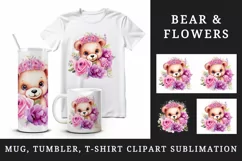 Watercolor cute bear girl floral pink flowers plush toy sparkle print 20 oz tumbler skinny mug wrap clipart t-shirt sublimation printable design