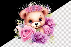 Watercolor cute bear girl floral pink flowers plush toy sparkle print 20 oz tumbler skinny mug wrap clipart t-shirt sublimation printable design