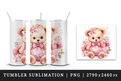 Watercolor cute bear girl floral pink flowers plush toy sparkle print 20 oz tumbler skinny mug wrap clipart t-shirt sublimation printable design