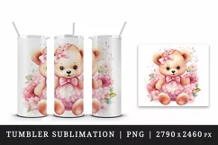 Watercolor cute bear girl floral pink flowers plush toy sparkle print 20 oz tumbler skinny mug wrap clipart t-shirt sublimation printable design