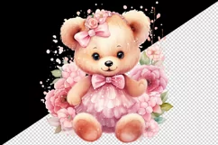Watercolor cute bear girl floral pink flowers plush toy sparkle print 20 oz tumbler skinny mug wrap clipart t-shirt sublimation printable design