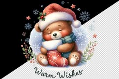 Watercolor cute bear hat Christmas stocking Warm Wishes greeting quote print 20oz tumbler skinny mug wrap clipart t-shirt sublimation printable design
