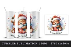 Watercolor cute bear hat Christmas stocking Warm Wishes greeting quote print 20oz tumbler skinny mug wrap clipart t-shirt sublimation printable design