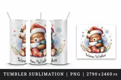Watercolor cute bear hat Christmas stocking Warm Wishes greeting quote print 20oz tumbler skinny mug wrap clipart t-shirt sublimation printable design
