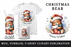 Watercolor cute bear hat Christmas stocking Warm Wishes greeting quote print 20oz tumbler skinny mug wrap clipart t-shirt sublimation printable design