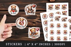 Watercolor cute bear leopard scarf holding red heart balloon Valentines Day quote love print sticker sheet stickers printable sublimation design png