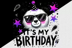Watercolor cute bear panda sunglasses neon purple It s My Birthday quote print tumbler skinny mug wrap clipart t-shirt sublimation printable design