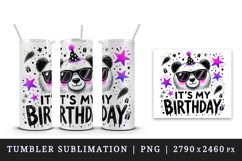 Watercolor cute bear panda sunglasses neon purple It s My Birthday quote print tumbler skinny mug wrap clipart t-shirt sublimation printable design