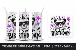 Watercolor cute bear panda sunglasses neon purple It s My Birthday quote print tumbler skinny mug wrap clipart t-shirt sublimation printable design
