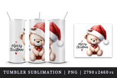 Watercolor cute bear Santa hat bow Merry Christmas greeting quote print 20 oz tumbler skinny mug wrap clipart t-shirt sublimation printable design