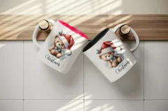 Watercolor cute bear Santa hat bow Merry Christmas greeting quote print 20 oz tumbler skinny mug wrap clipart t-shirt sublimation printable design