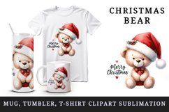 Watercolor cute bear Santa hat bow Merry Christmas greeting quote print 20 oz tumbler skinny mug wrap clipart t-shirt sublimation printable design