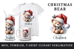 Watercolor cute bear Santa hat bow Merry Christmas greeting quote print 20 oz tumbler skinny mug wrap clipart t-shirt sublimation printable design