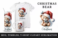Watercolor cute bear Santa hat bow Merry Christmas greeting quote print 20 oz tumbler skinny mug wrap clipart t-shirt sublimation printable design