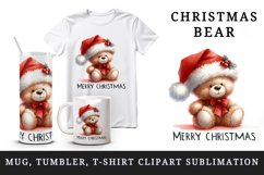 Watercolor cute bear Santa hat bow Merry Christmas greeting quote print 20 oz tumbler skinny mug wrap clipart t-shirt sublimation printable design