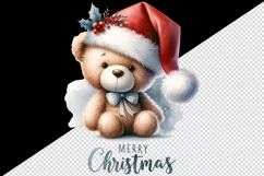 Watercolor cute bear Santa hat bow Merry Christmas greeting quote print 20 oz tumbler skinny mug wrap clipart t-shirt sublimation printable design