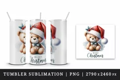 Watercolor cute bear Santa hat bow Merry Christmas greeting quote print 20 oz tumbler skinny mug wrap clipart t-shirt sublimation printable design