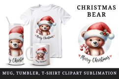 Watercolor cute bear Santa hat candy cane Merry Christmas quote print 20 oz tumbler skinny mug wrap clipart t-shirt sublimation printable design