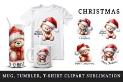 Watercolor cute bear toy Santa hat Merry Christmas quote New Year winter print tumbler skinny mug wrap clipart t-shirt sublimation printable design
