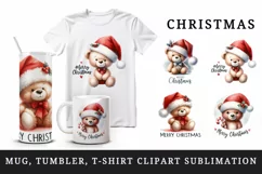 Watercolor cute bear toy Santa hat Merry Christmas quote New Year winter print tumbler skinny mug wrap clipart t-shirt sublimation printable design