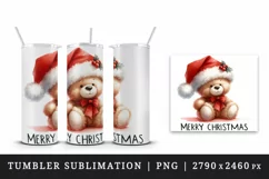 Watercolor cute bear toy Santa hat Merry Christmas quote New Year winter print tumbler skinny mug wrap clipart t-shirt sublimation printable design